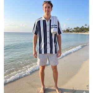 Fabletics Men’s Sz L Island Terry Button Up Navy Striped Retro Cabana Beach Wear